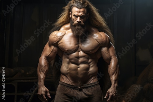 male bodybuilder with a luxurious mane of hair, portrait. a muscular torso without a shirt. earthy tones.