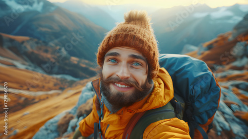 Close-up of a smiling hiker in a warm beanie and jacket against the sweeping backdrop of alpine mountain ranges during golden hour. . generate ai