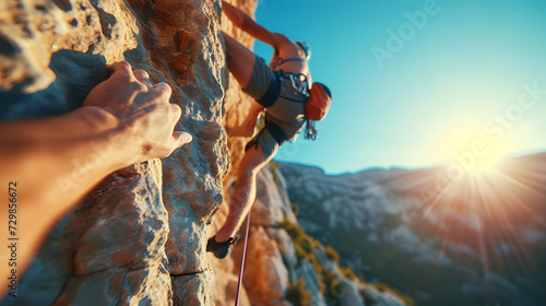 Rock climber, An agile rock climber ascends a steep cliff, with the setting sun casting a warm glow on the challenging adventure. Generative ai © somchairakin