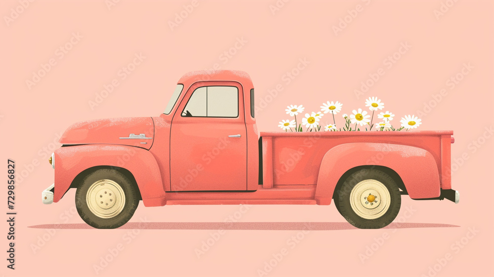 A Pink Truck With Daisies In The Back Is On A Pink Background