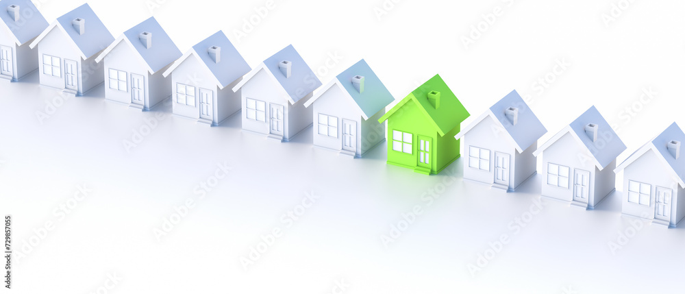 Green and white house on white background. Hunting and searching concept. 3D Rendering Green and white house on white background. Hunting and searching concept. 3D Rendering