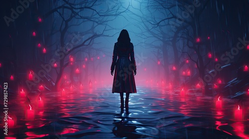 a girl walking on a dark path in a forest lit by red candles #729857423