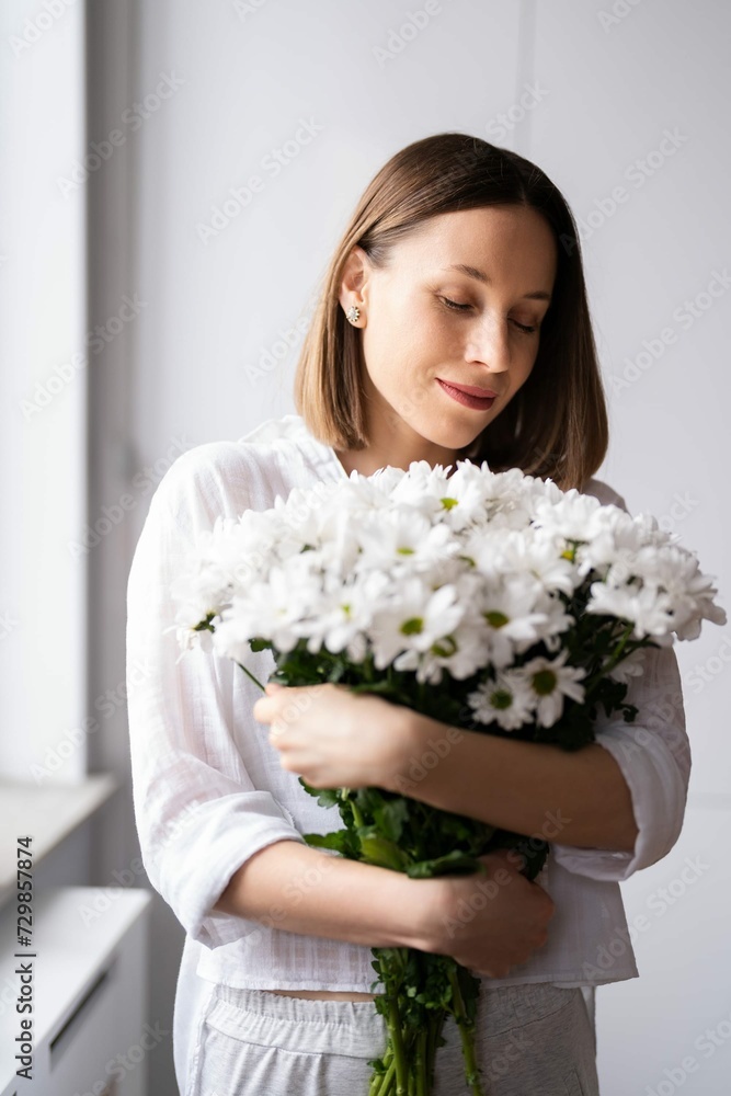 Young Beautiful Cute Sweet Lovely Smiling Woman With Hold Bouquet White Fresh Flowers Home