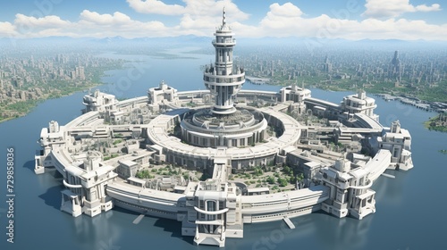 a huge, futuristic city with an artificial island or city