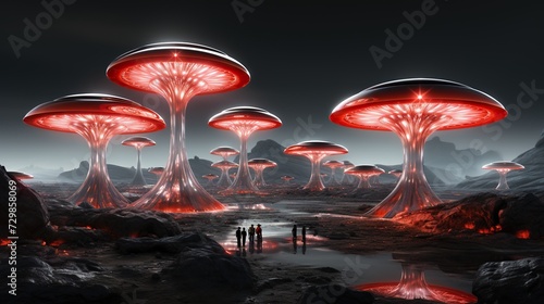 a landscape filled with red mushrooms and lights