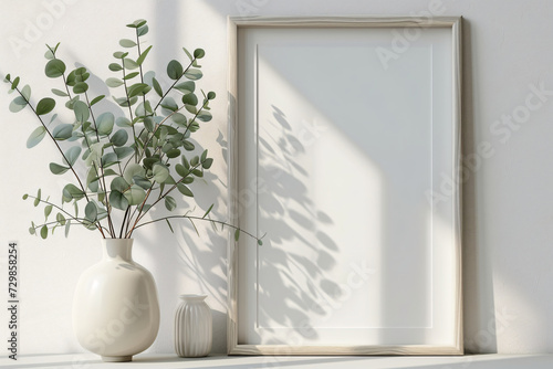 Wooden Poster Frame Mockup with Elegance in Every Detail Wall Decor with Vase and Plant Elegance in Every Detail Wall Decor with Vase and Leaves Stylish Wooden Frame and Botanical Accents © Microstocke