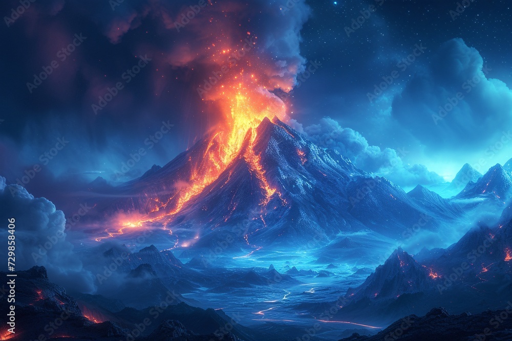 Volcano Eruption in the Desert A Stunning Nighttime View Generative AI