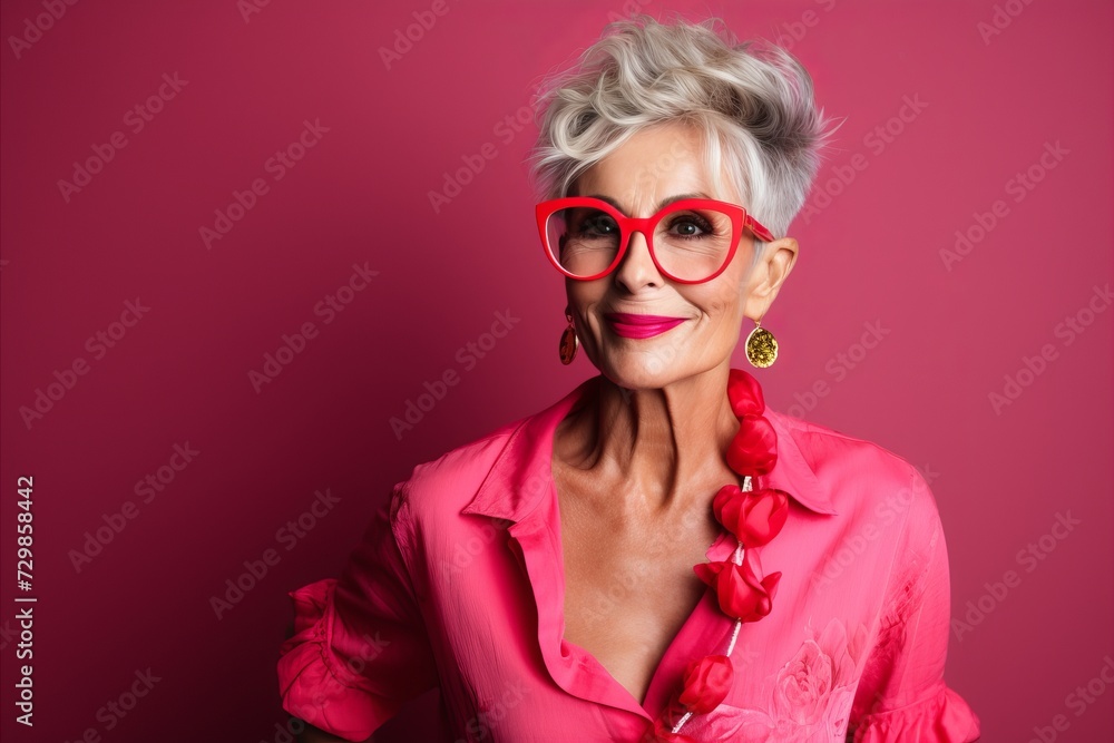 Portrait of a beautiful senior woman in pink blouse and red glasses.