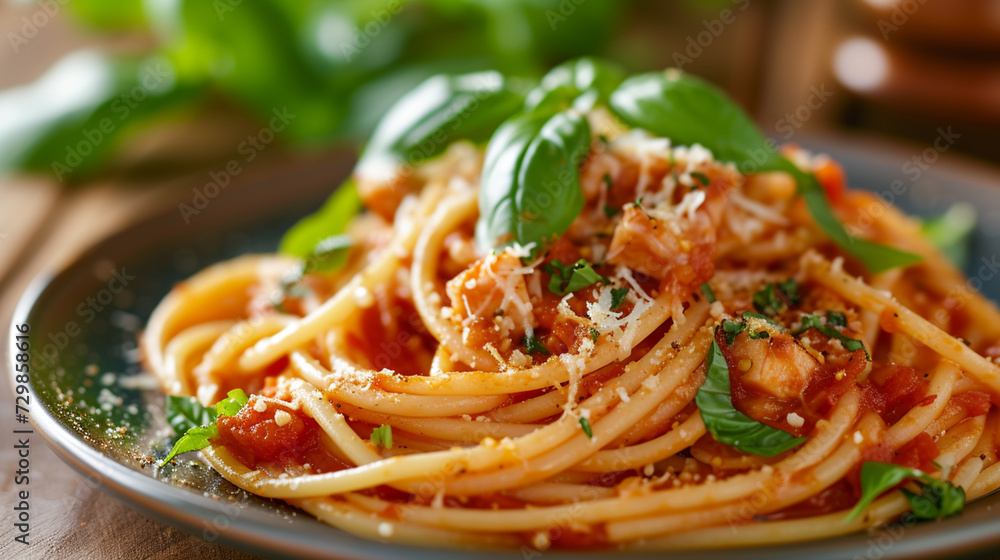 A plate of pasta with cheese, tomato sauce and basil A plate of pasta with cheese, tomato sauce and basil