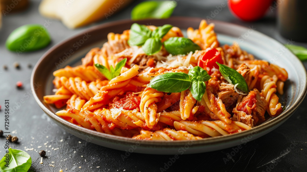 A plate of pasta with cheese, tomato sauce and basil A plate of pasta with cheese, tomato sauce and basil