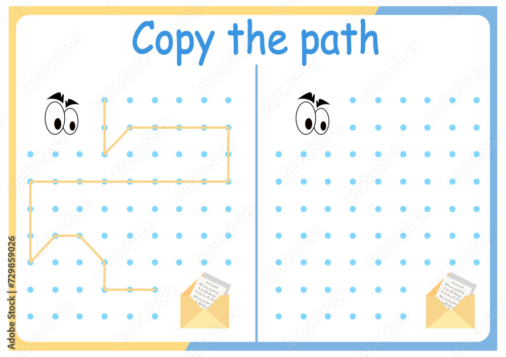 Activities with cute animals for children. Copy the path. Logic games for children. Vector illustration. The book is square format. eyes and letters