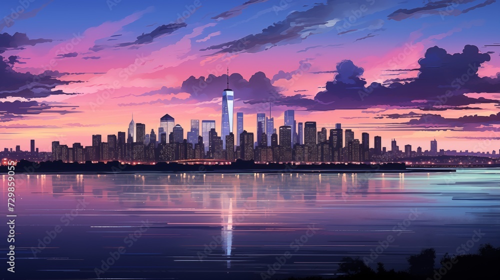 a painting of a city night skyline with a view of the water