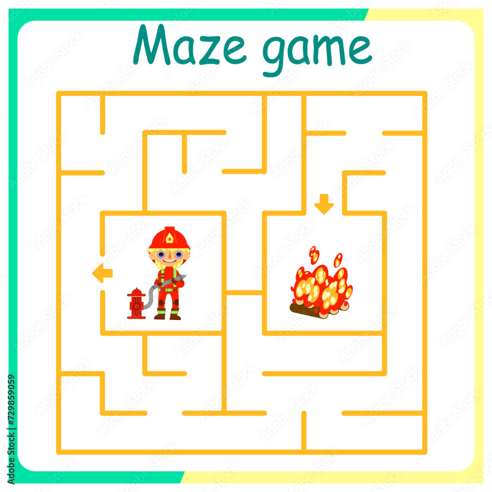 Children's logic game on passing the labyrinth. Educational game for children. Attention task. Choose the right path. Funny cartoon character. fireman and fire Children's logic game on passing the labyrinth. Educational game for children. Attention task. Choose the right path. Funny cartoon character. fireman and fire