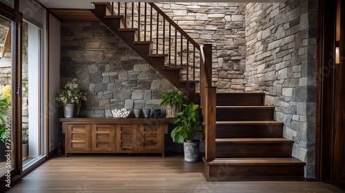 Rustic and cozy hallway with wooden staircase and stone wall. Modern home interior design with entrance door.