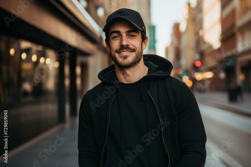 Portrait of a smiling young man in a black cap and a black sweatshirt on a city street. © Inigo