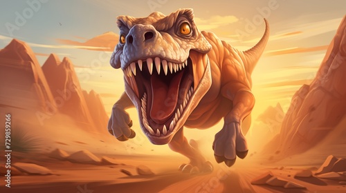 a dinosaur is running away in the desert with open mouth © X-Poser