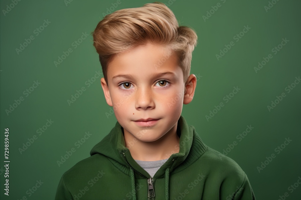 Portrait of a little boy in a green hoodie on a green background Portrait of a little boy in a green hoodie on a green background