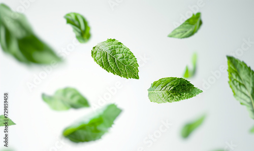 mint leaves float in the air in white background. photo