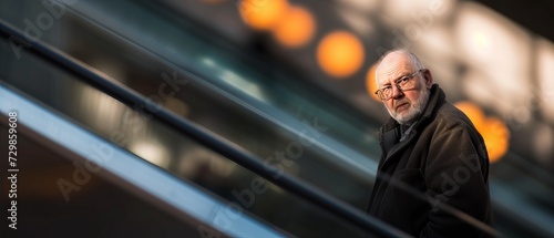A thoughtful man, older person on escalator looking at camera. Space for text.  photo