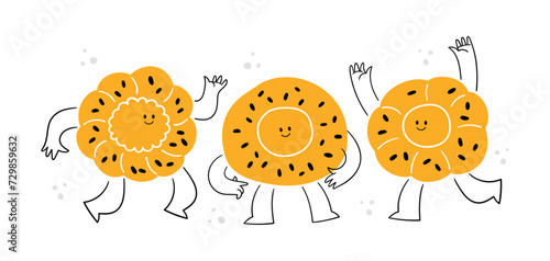 Flatbread characters with faces — cute vector illustrations. Kawaii flapjack and cartoon bread icons. Happy flatbread vector illustrations set.