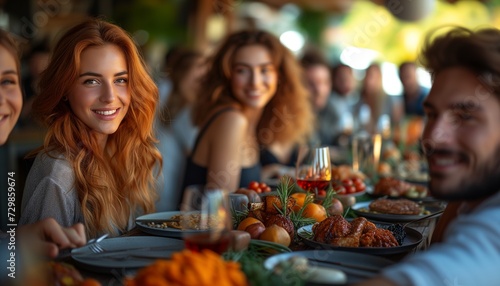 Feast Gathering: Close-Up of Group Enjoying Meal Together at Dining Table
