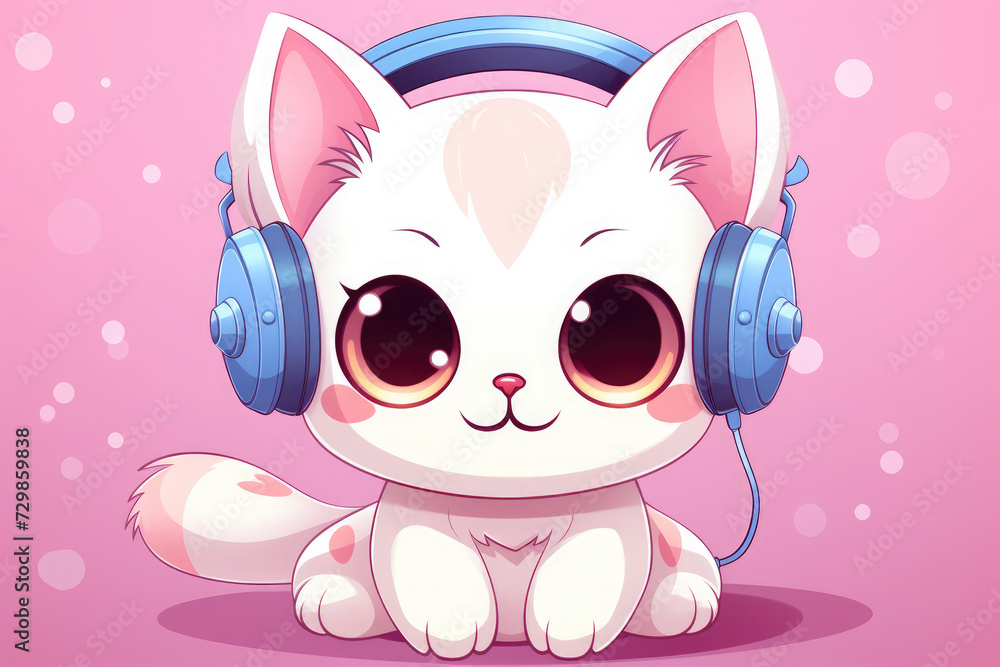 Cute cartoon kitten with headphones sings a song with his mouth open. Kawaii. Funny meme