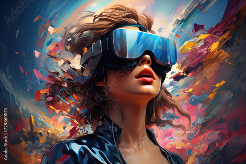 New generation woman using VR headsets to immerse inton ew VR gaming worlds.Smart Glasses. Surreal world and virtual reality, colorful flowers fields. photo