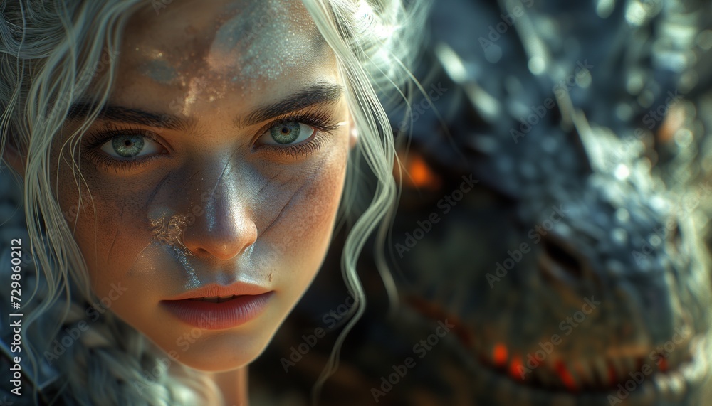 Silver-haired Guardian: Majestic Fantasy Warrior Amidst Glowing Gemstone Armor, Facing the Looming Presence of a Dragon Silver-haired Guardian: Majestic Fantasy Warrior Amidst Glowing Gemstone Armor, Facing the Looming Presence of a Dragon