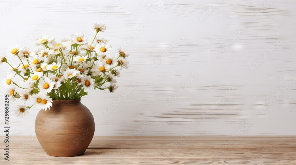 Beige clay vase with chamomile bouquet on wooden table against white wall. Minimalist home Decor with natural elements and copy space. Beige clay vase with chamomile bouquet on wooden table against white wall. Minimalist home Decor with natural elements and copy space.