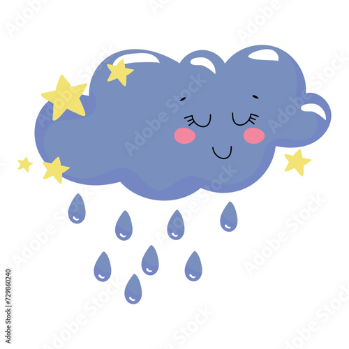 Hand drawn illustration of a rainy cloud in kawaii style. Cute element