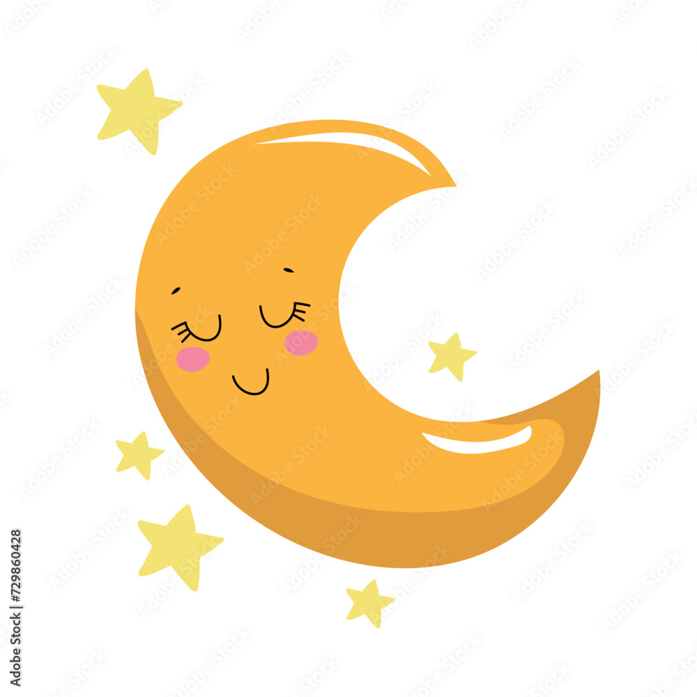 Hand drawn illustration of a moon in kawaii style. Cute element. Hand drawn illustration of a moon in kawaii style. Cute element.