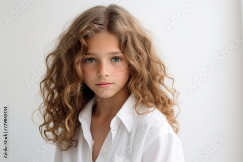 portrait of a beautiful little girl with long curly hair in a white shirt
