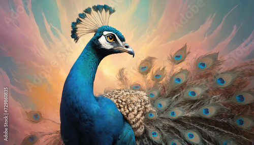 Fantasy Illustration of a wild Peafowl. Digital art style wallpaper background with peacock in pastel colors. © Roman