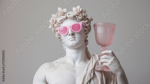 Modern Mythology, A Greek Statue of Dionysus Sporting Pink Shades and Holding a Pink Goblet, Blending Classic Elegance with Contemporary Playfulness.