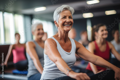 Senior woman leading a fitness class for other elderly individuals, showcasing leadership and health in later years. Concept of peer support and fitness in aging. Generative Ai.