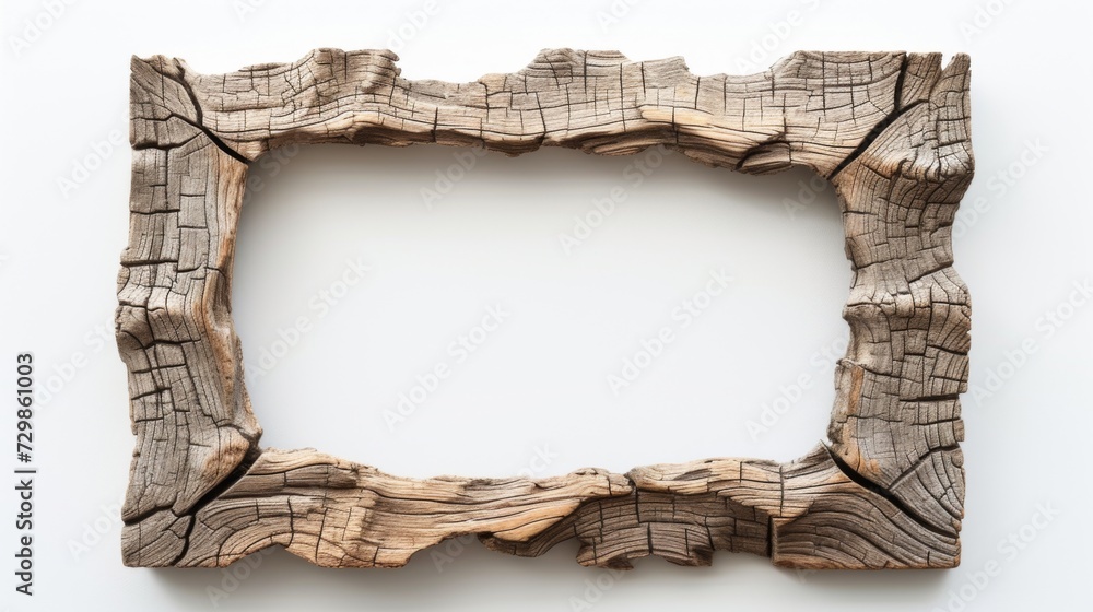 Fototapeta premium Vintage wood picture frame with cracks on a white background. Classic antique wooden picture frame with carved pattern