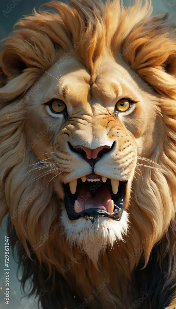 Naklejka premium Fantasy Illustration of a wild animal lion. Digital art style wallpaper background.