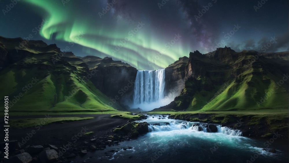 waterfall at night with starry sky and aurora borealis