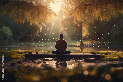 Person meditating in a serene park, finding peace and mindfulness. Concept of stress reduction and mental wellness. Generative Ai.