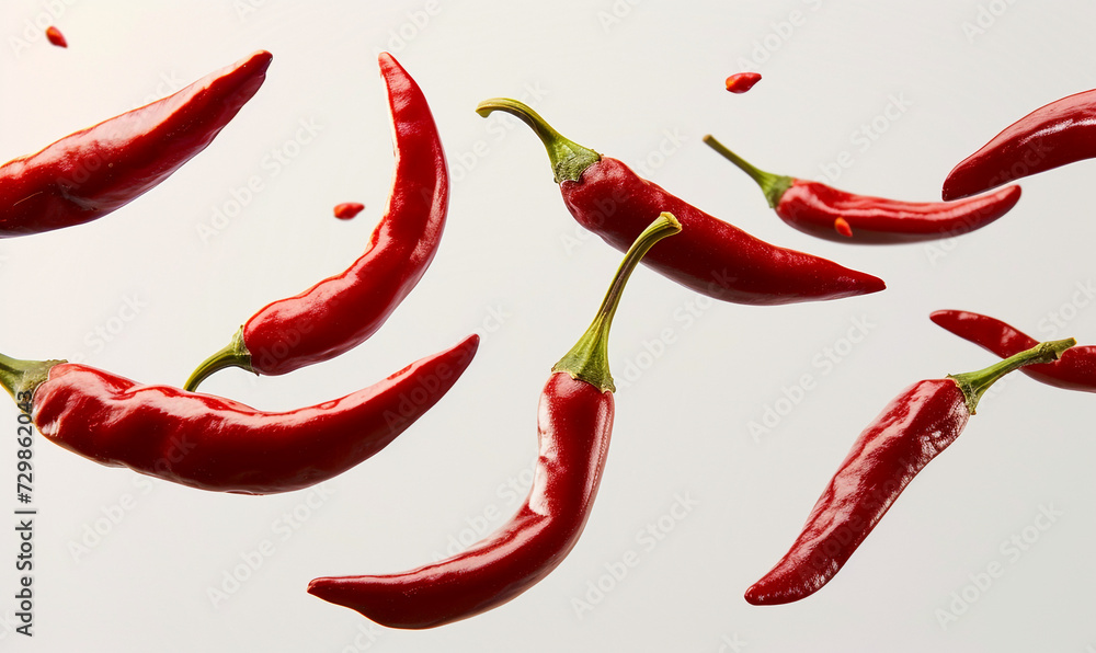 slice of chilies float in the air in white background. slice of chilies float in the air in white background.