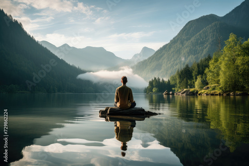 A person meditating beside a tranquil lake, reflecting on the calmness and purity of nature. Concept of meditation and natural serenity. Generative Ai.