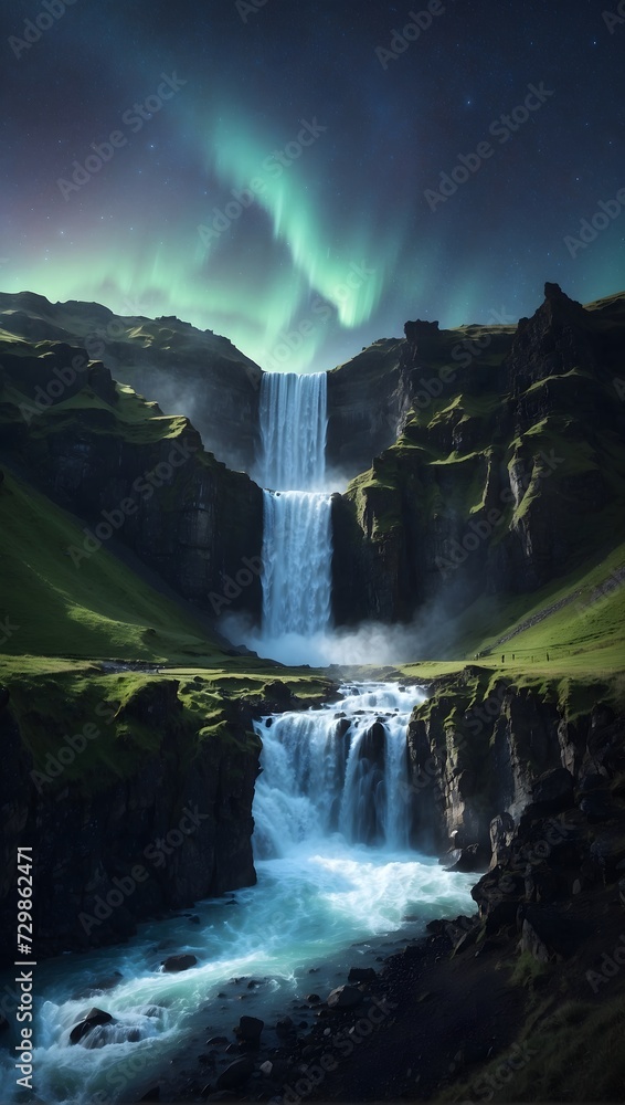 waterfall at night with starry sky and aurora borealis