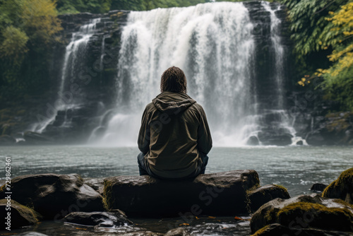 A person sitting quietly by a waterfall, absorbed in the sound and sight of cascading water. Concept of tranquility and the therapeutic effects of waterfalls. Generative Ai.