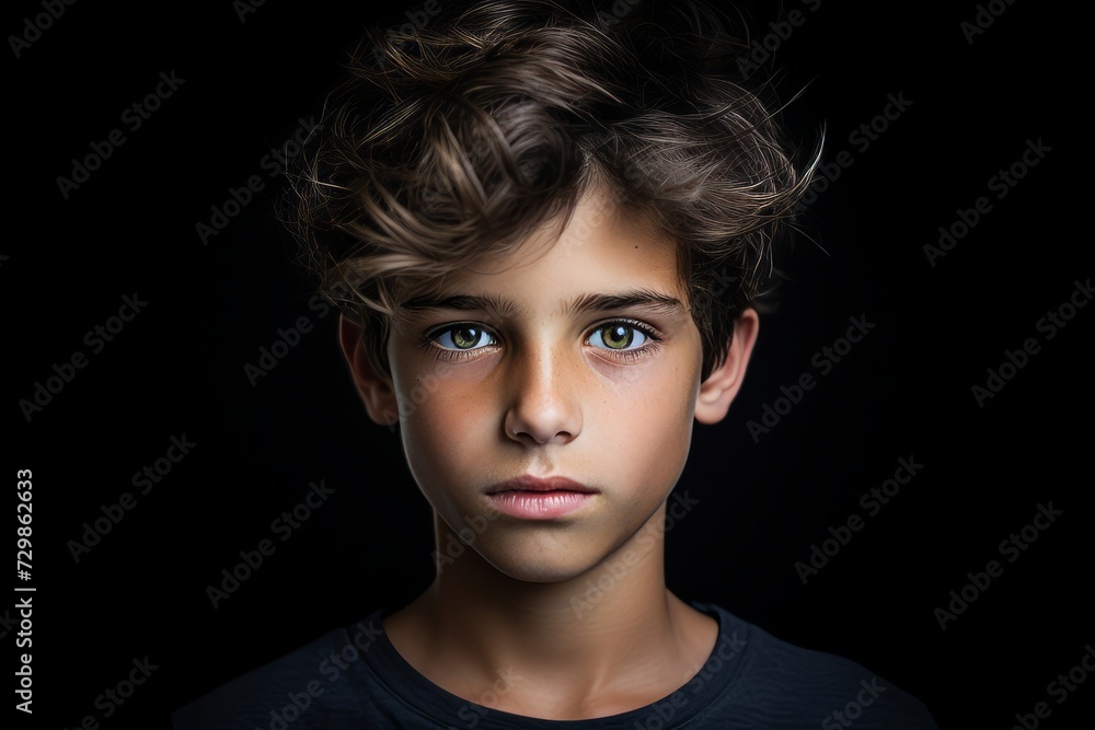 Portrait of a boy on a black background. Boy with curly hair. Portrait of a boy on a black background. Boy with curly hair.