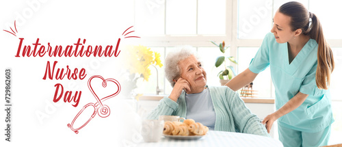 Senior woman with female caregiver in kitchen. Banner for International Nurse Day