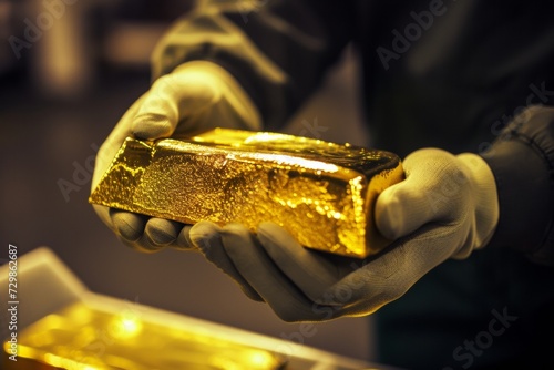 Ai generated of Glove hand cradle luminous gold bar, showcase result of refining process against a backdrop of gold reserves. Gold bars Gold ingot, bullion gold, bank vault, in golden background.