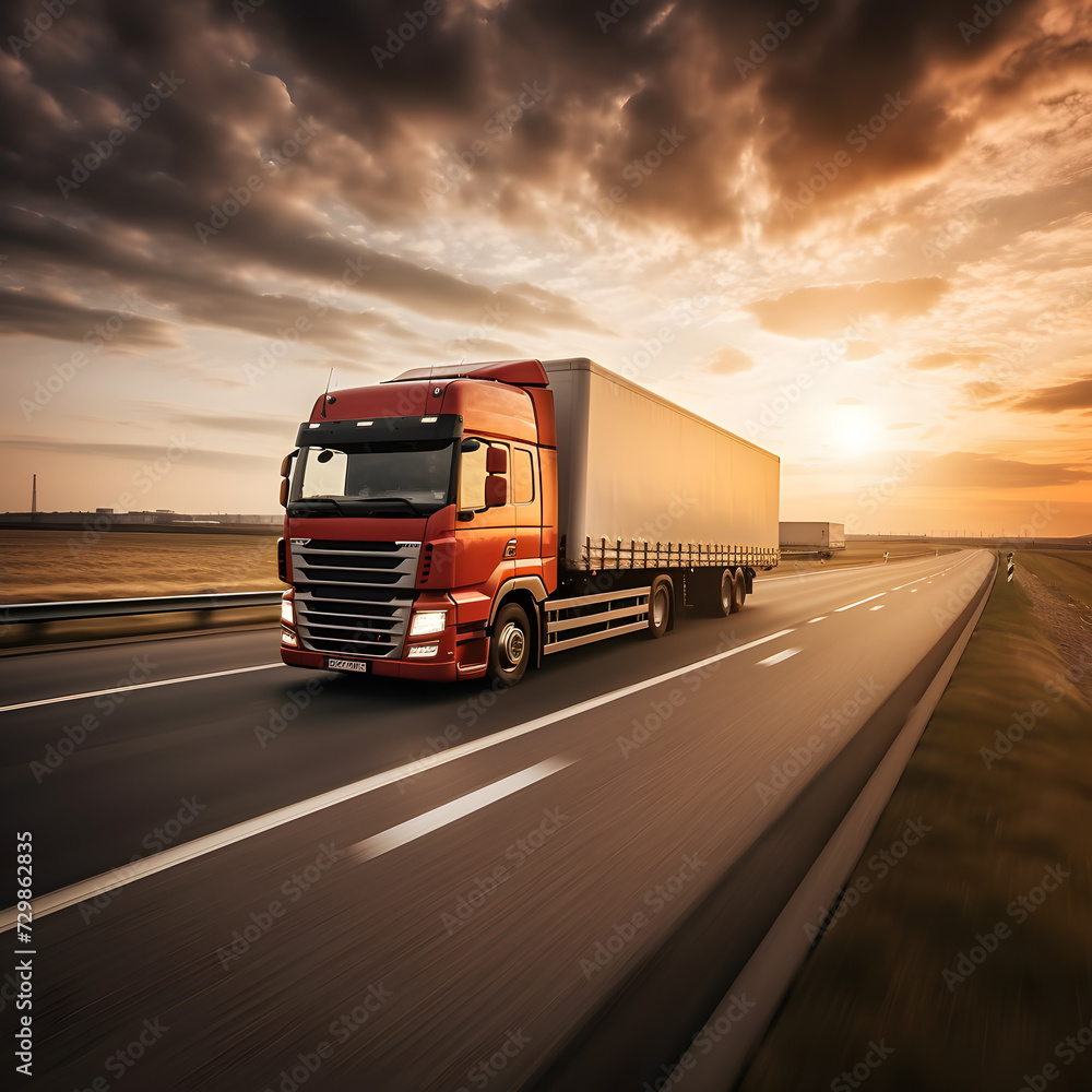 Container trucks running on the highway at sunset blue sky background. Logistics import export and cargo transportation industry concept