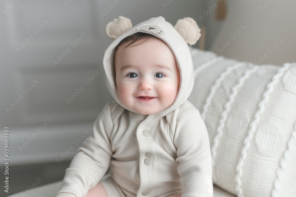 baby in a onesie with a hood with bear ears, sitting up baby in a onesie with a hood with bear ears, sitting up