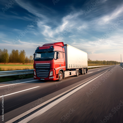 Container trucks running on the highway at sunset blue sky background. Logistics import export and cargo transportation industry concept