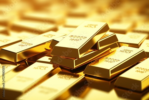 Ai generated ofGold bars Gold ingot, bullion gold, bank vault, stacked image. close up many pure gold bar ingot put on the black color with bokeh surface. many pile of gold bars in golden background. photo